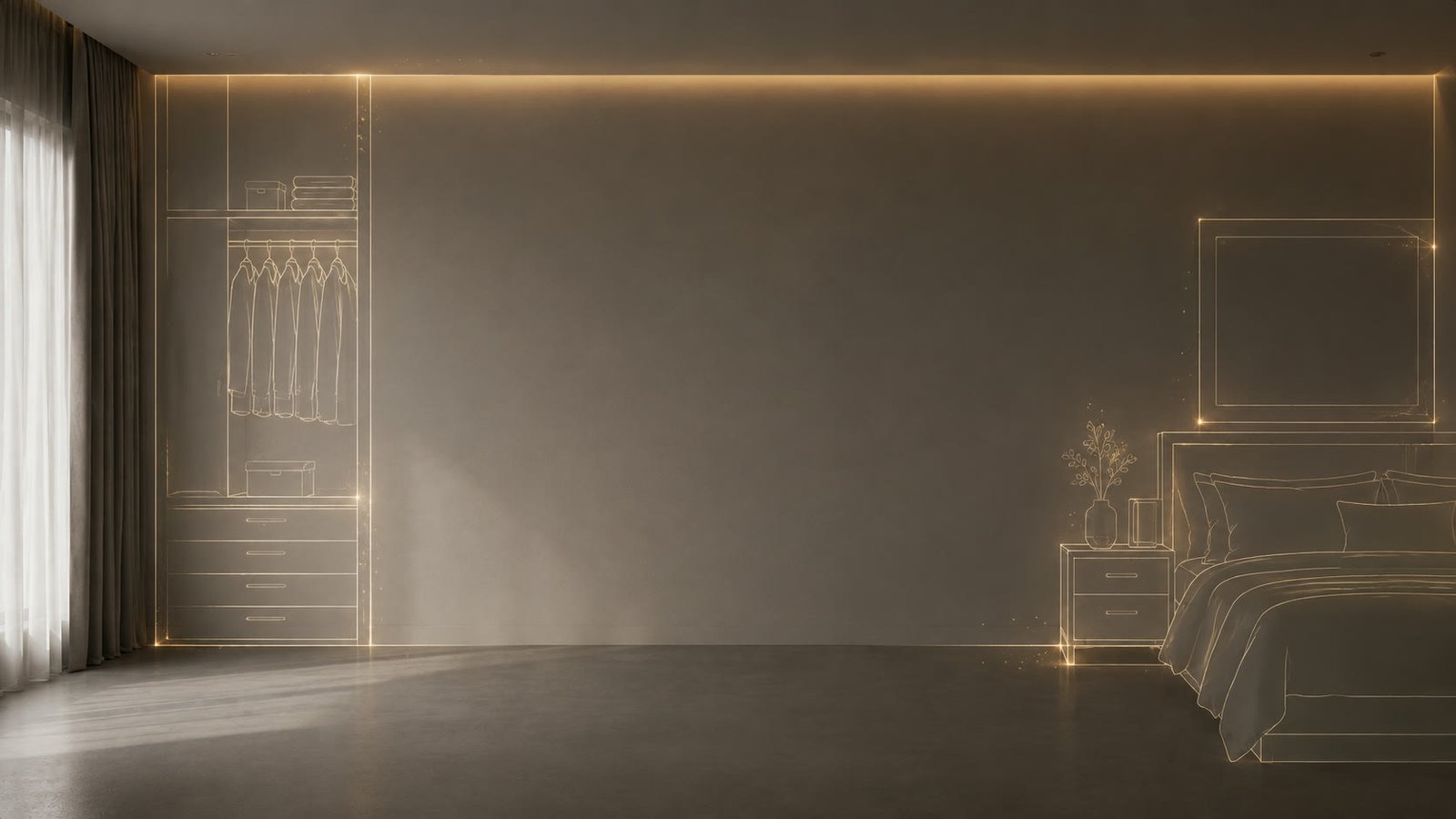 An empty bedroom with a wardrobe, bed and side table sketched in glowing gold lines