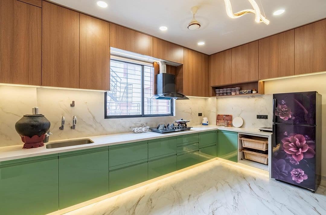 Sage green modular kitchen — Modular kitchen, Tall units, Profile lighting